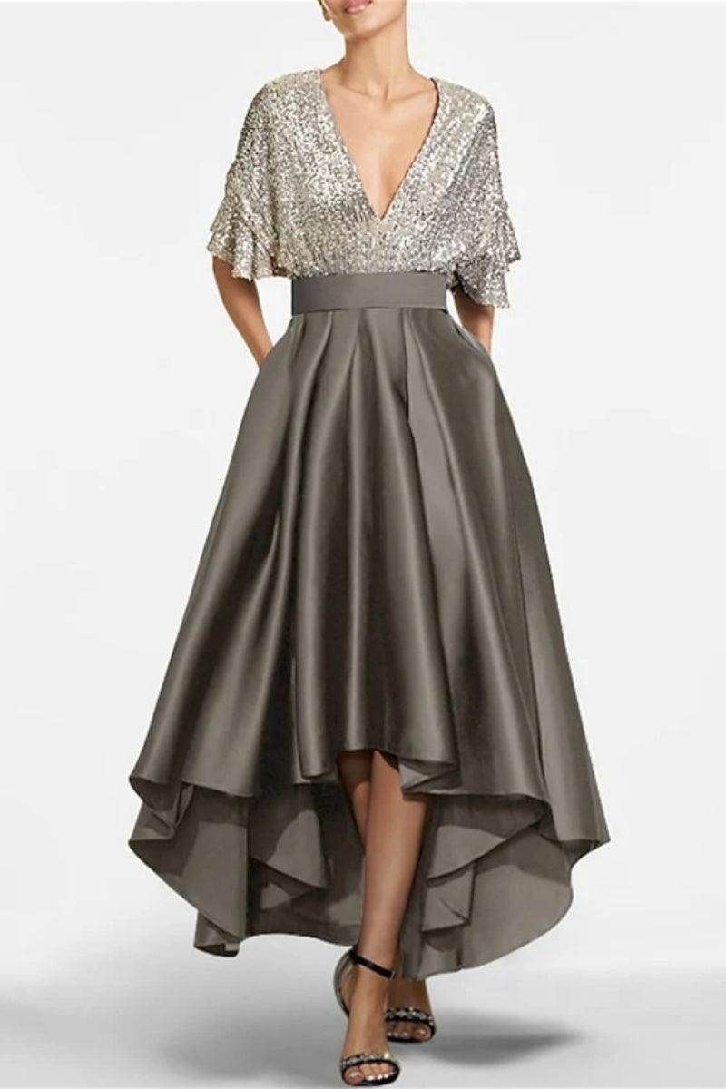 A Line V Neck Half Sleeves Asymmetrical Mother of the Bride Dresses CM0356 - COCOMELODY